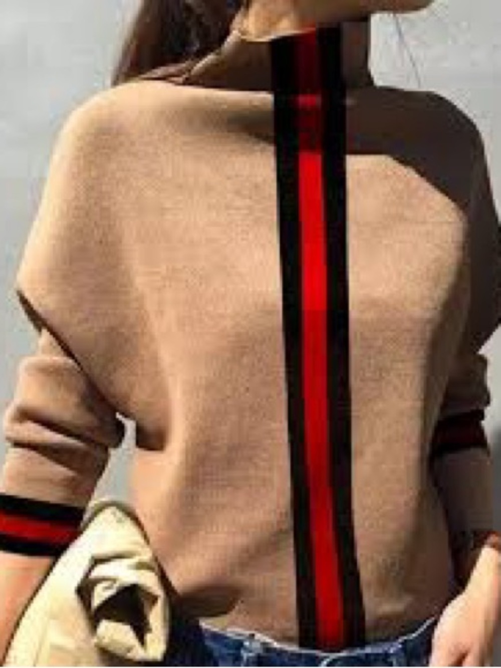 Camel Knit Sweater with Red-Black Stripe